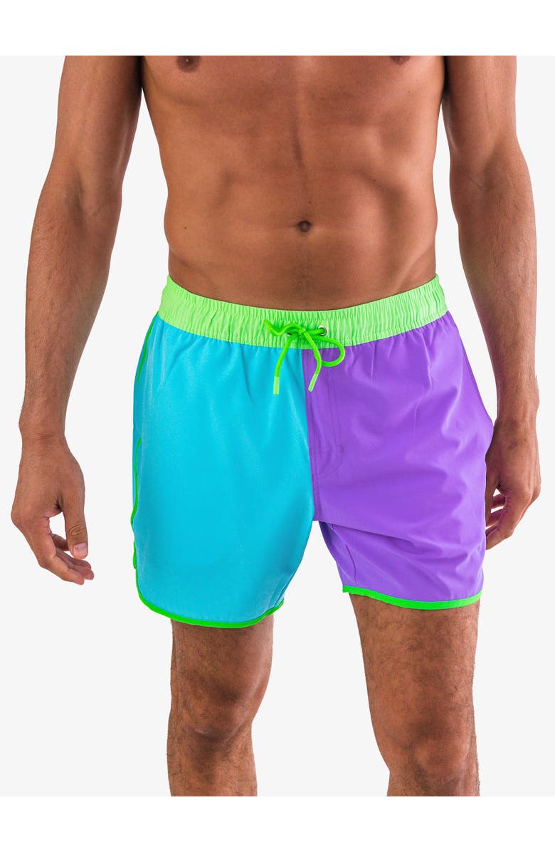 RuggedButts UPF50+ Sun Protected Men's Stretch Dolphin Hem Swim Trunks, Alternate, color, Neon Bright Aqua Color Block