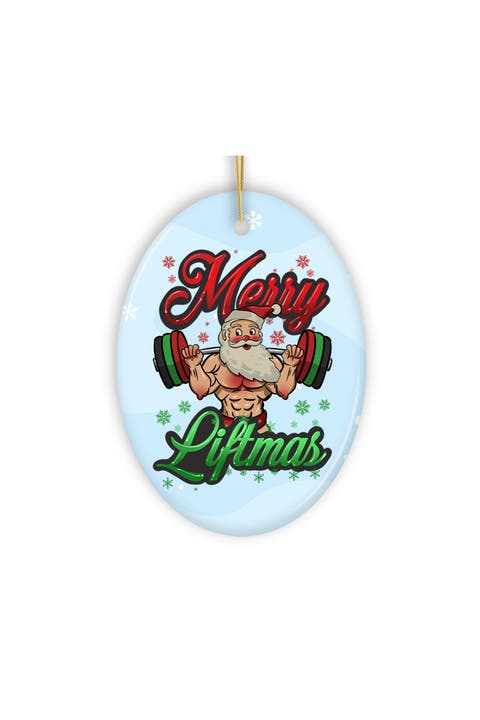 Merry Liftmas Weightlifting Santa Oval Ceramic Ornament