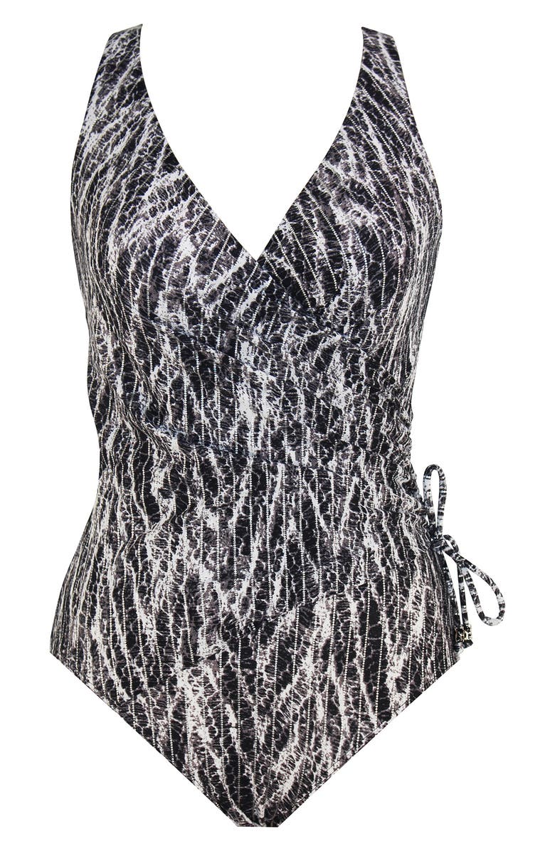 Miraclesuit<sup>®</sup> Chevron Python Eclat Wrap Front One-Piece Swimsuit, Alternate, color, 