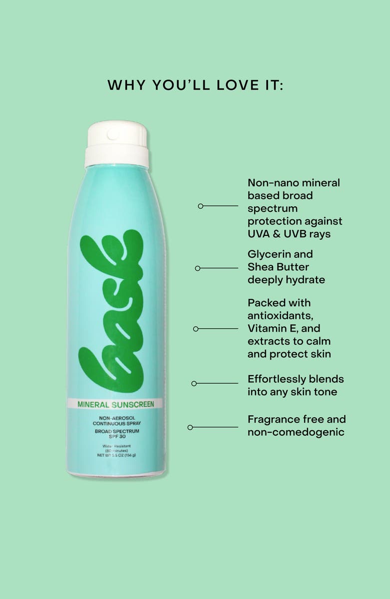 Bask Non-Aerosol Continuous Spray Fragrance-Free SPF 30 Mineral Sunscreen, Alternate, color, 