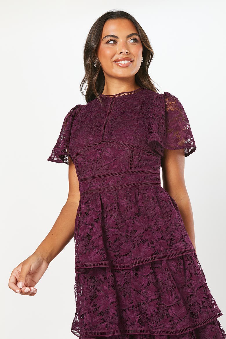 Flutter Sleeve Tiered Lace Dress, Alternate, color, Plum