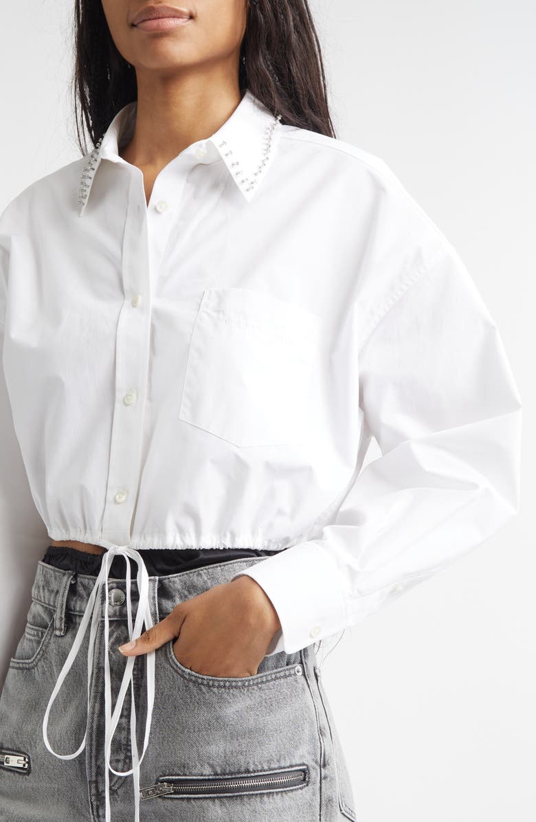 Alexander Wang Crystal Stud Crop Drawstring Waist Cotton Button-Up Shirt, Alternate, color, White