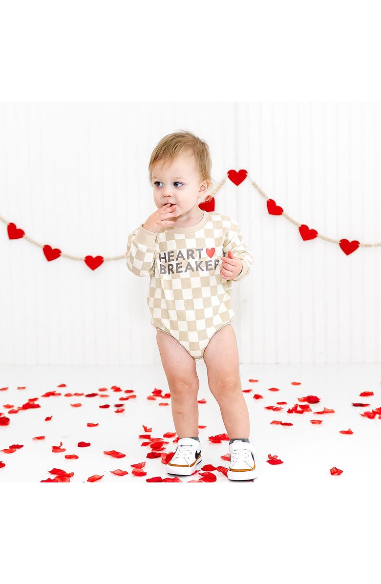 Sweet Wink Heartbreaker Checkered Valentine
s Day Long Sleeve Romper, Alternate, color, Natural