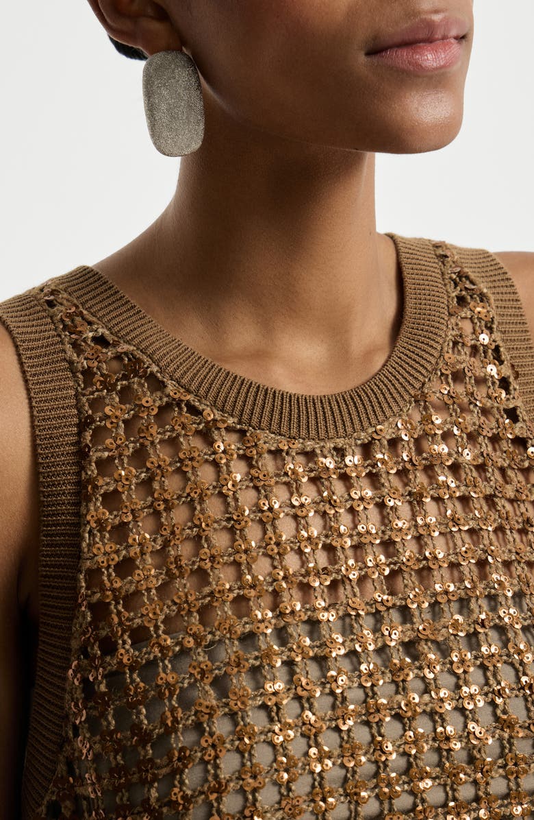 Brunello Cucinelli Dazzling Net Embroidery top, Alternate, color, Brown