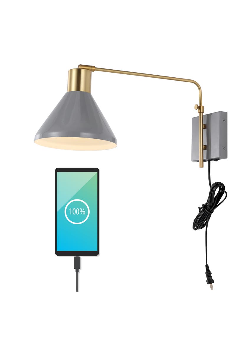 JONATHAN Y Max Swing Arm 1-Light Modern Midcentury Iron USB Charging Port LED Sconce, Main, color, Gray