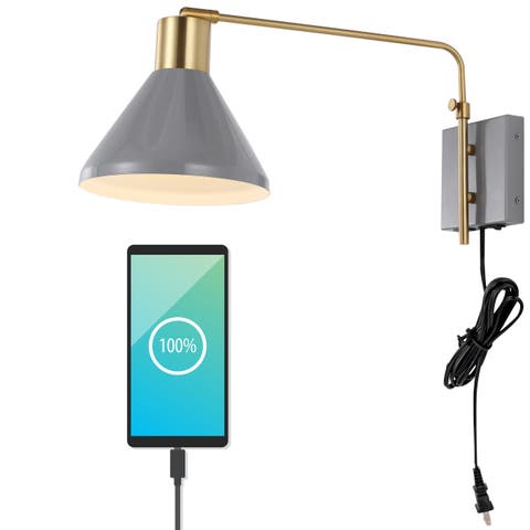 Max Swing Arm 1-Light Modern Midcentury Iron USB Charging Port LED Sconce