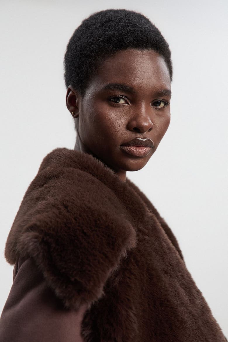 Faux Shearling Belted Maxi Coat, Alternate, color, Chocolate