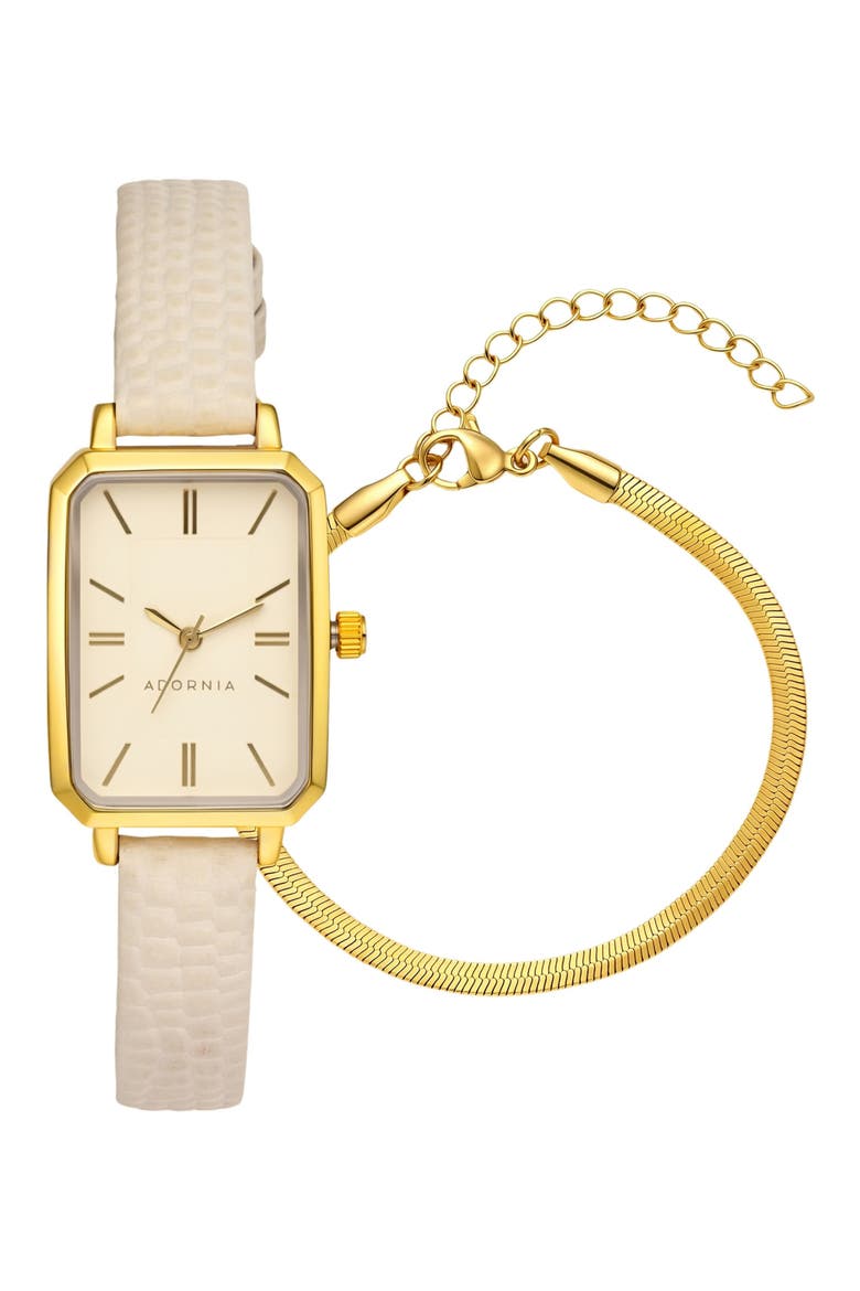 Wales Quartz Strap Watch & Herringbone Bracelet Set, Main, color, WHITE/ GOLD