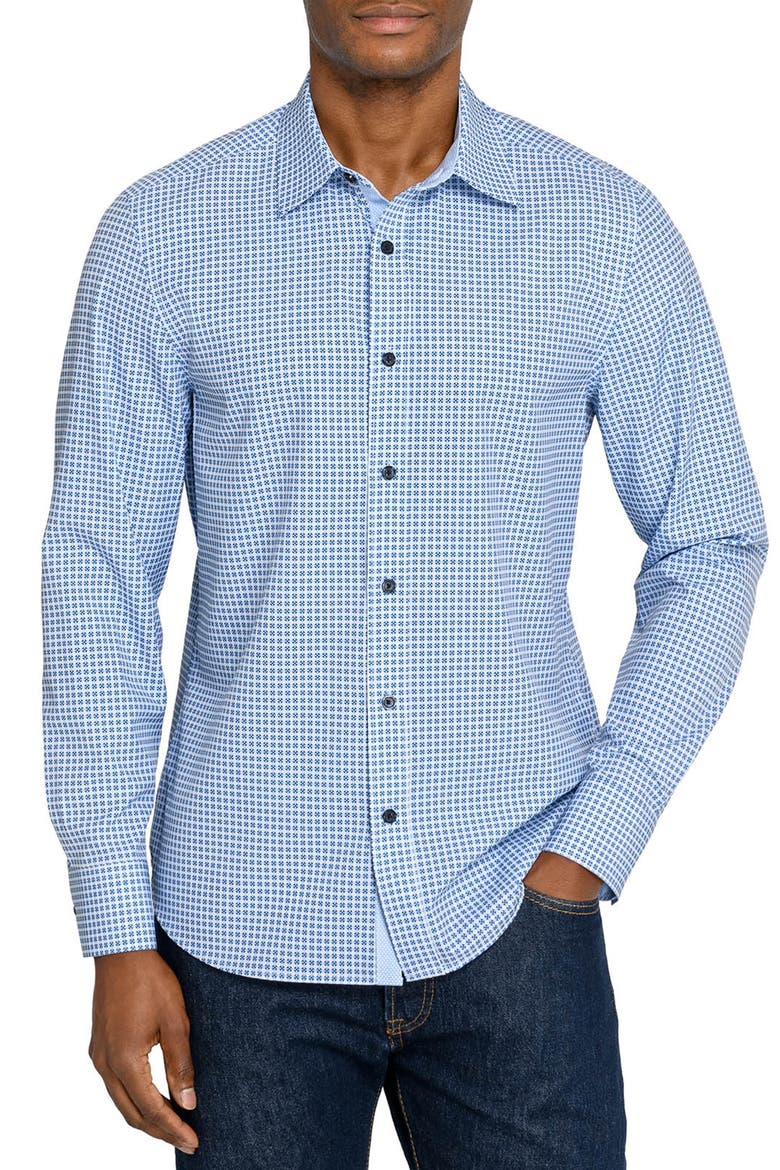 Slim Fit Round Geo Woven Long Sleeve Basic Shirt, Main, color, NAVY/BLUE