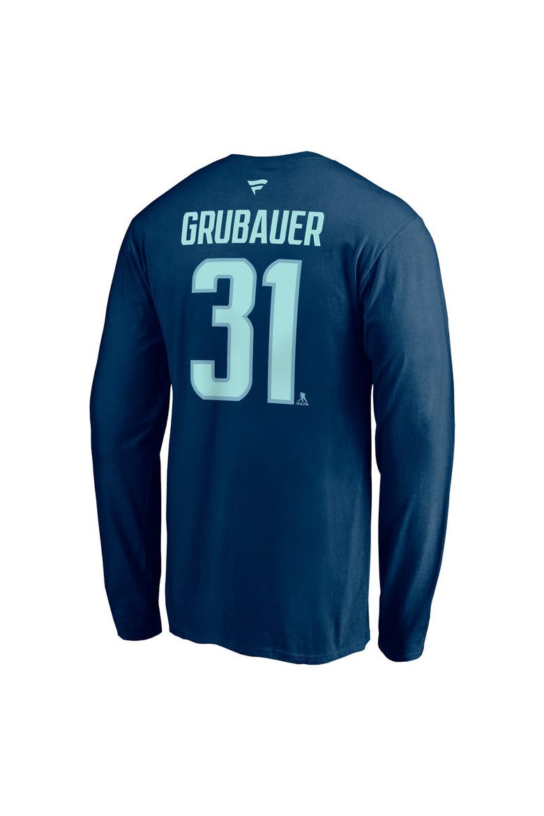 Men's Fanatics Branded Philipp Grubauer Deep Sea Blue Seattle Kraken Authentic Stack Name & Number Long Sleeve T-Shirt, Alternate, color, Navy
