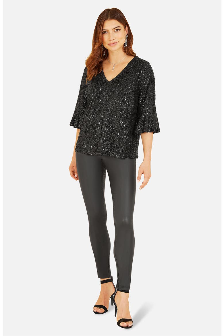 Sequin V-Neck Fluted Sleeve Top, Alternate, color, Black