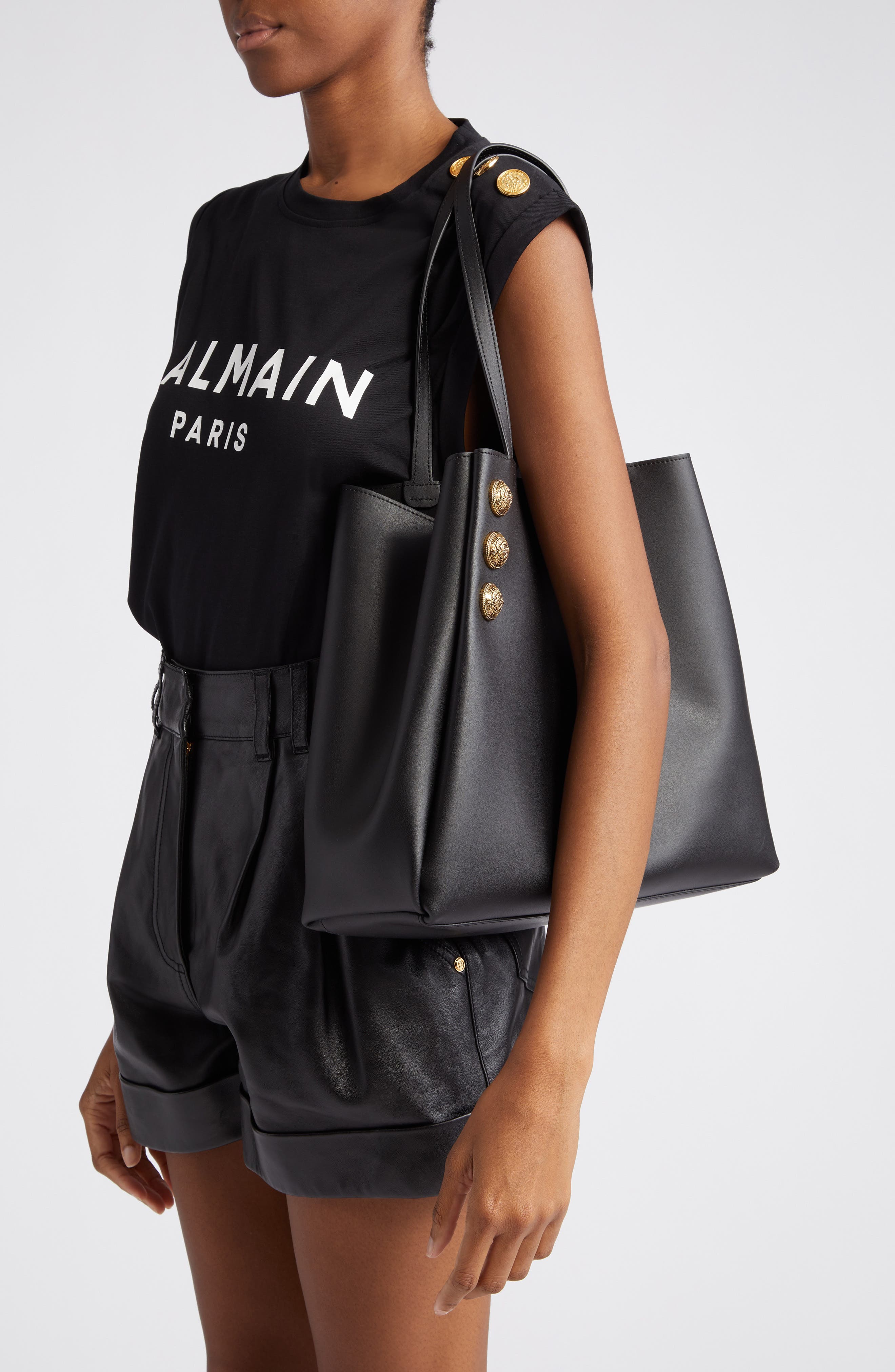 Balmain Emblem Crest Button Calfskin Shopper, Alternate, color, 