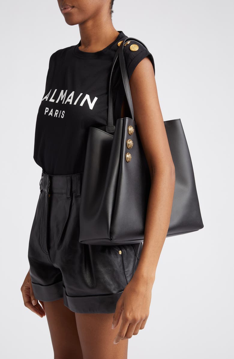Balmain Emblem Crest Button Calfskin Shopper, Alternate, color,