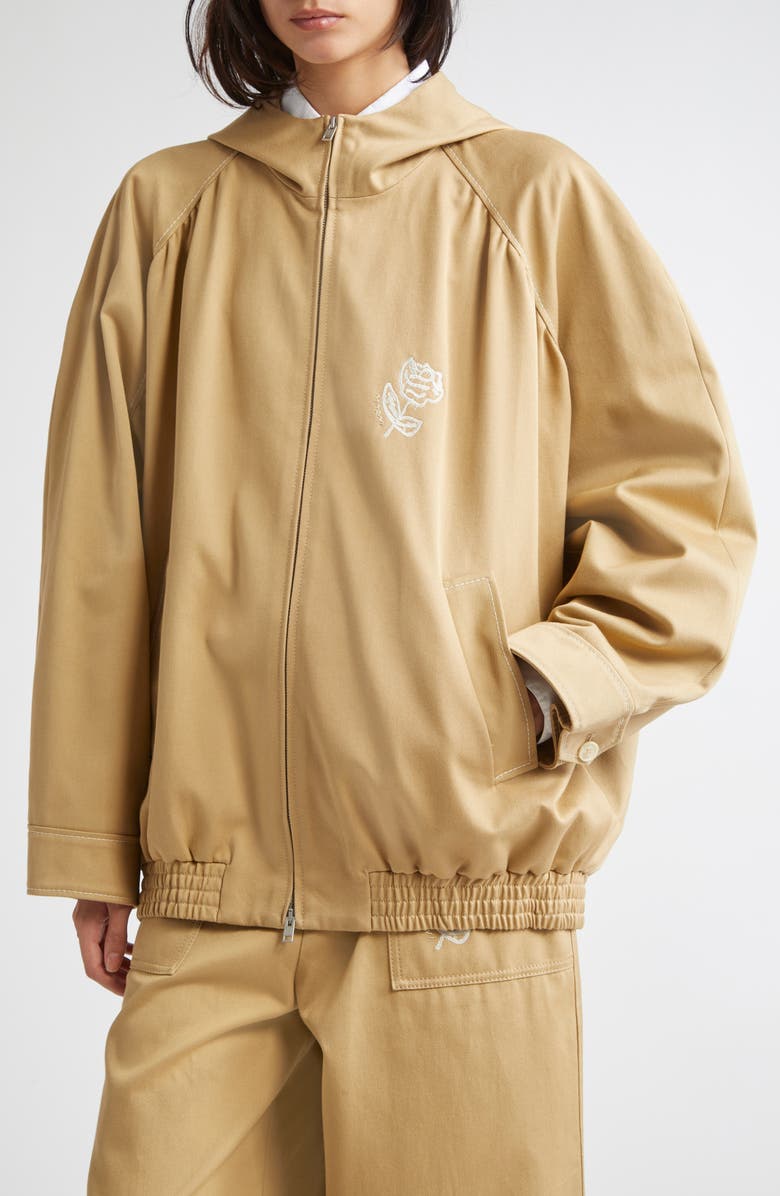 Marni Hooded Floral Embroidered Cotton Drill Bomber Jacket, Alternate, color, Cement