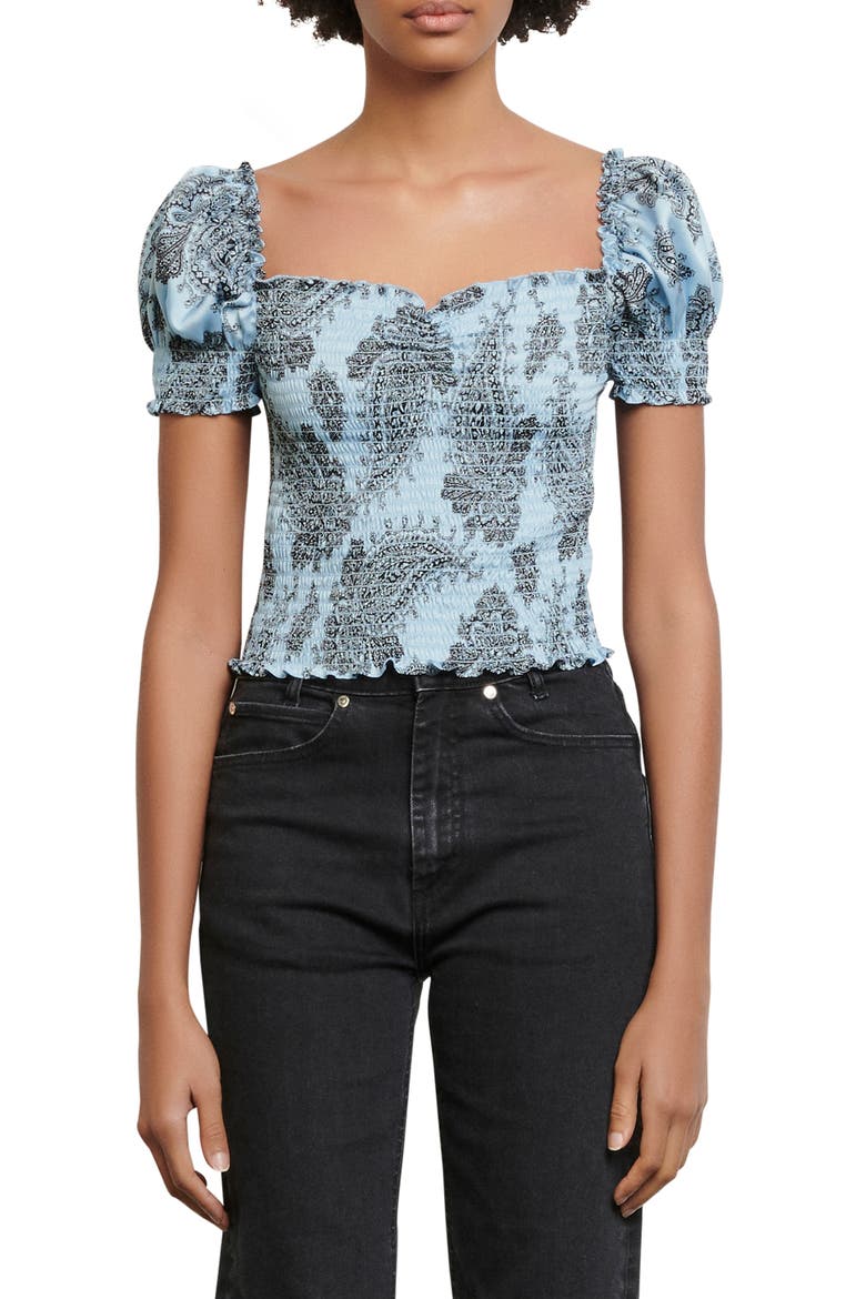 Beleen Paisley Smocked Crop Top, Main, color, BLUE