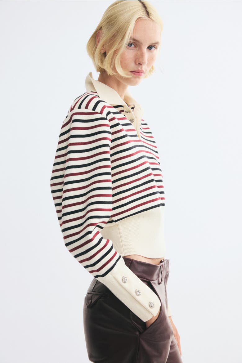 Fine-Knit Polo Shirt With Shoulder Pads, Alternate, color, Cream/striped