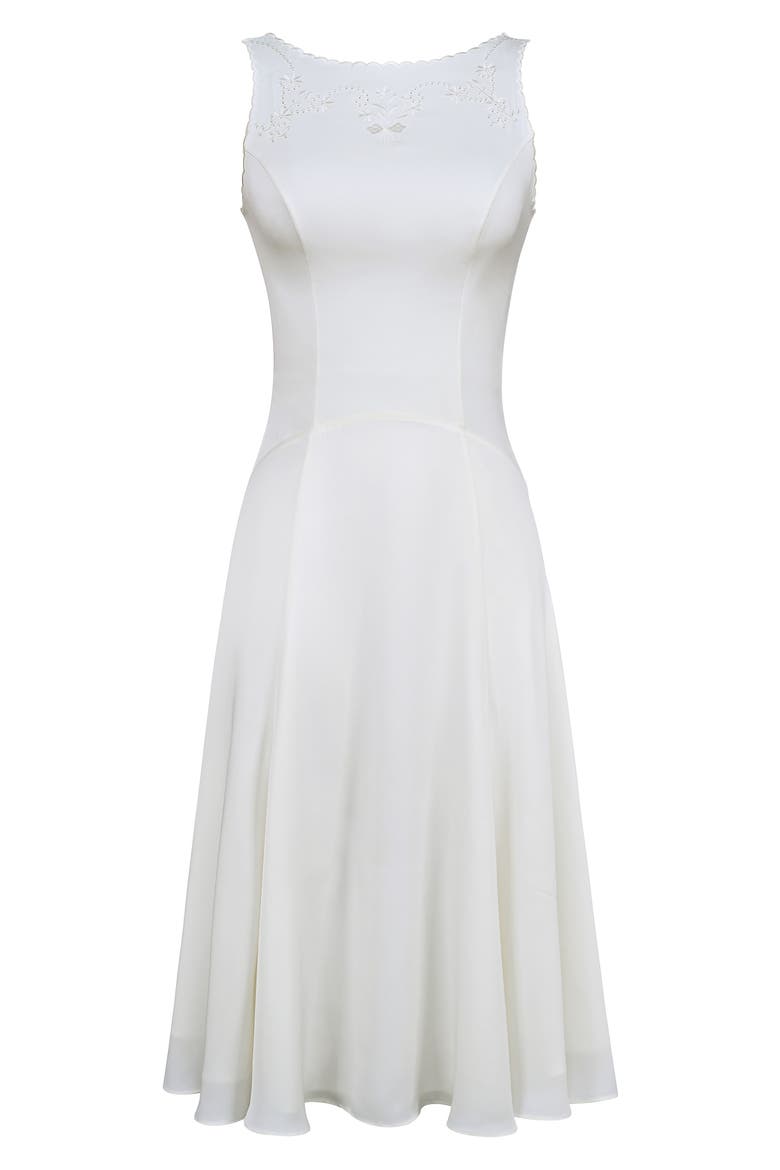 Alyssia Embroidered Satin Midi Dress, Alternate, color, WHITE
