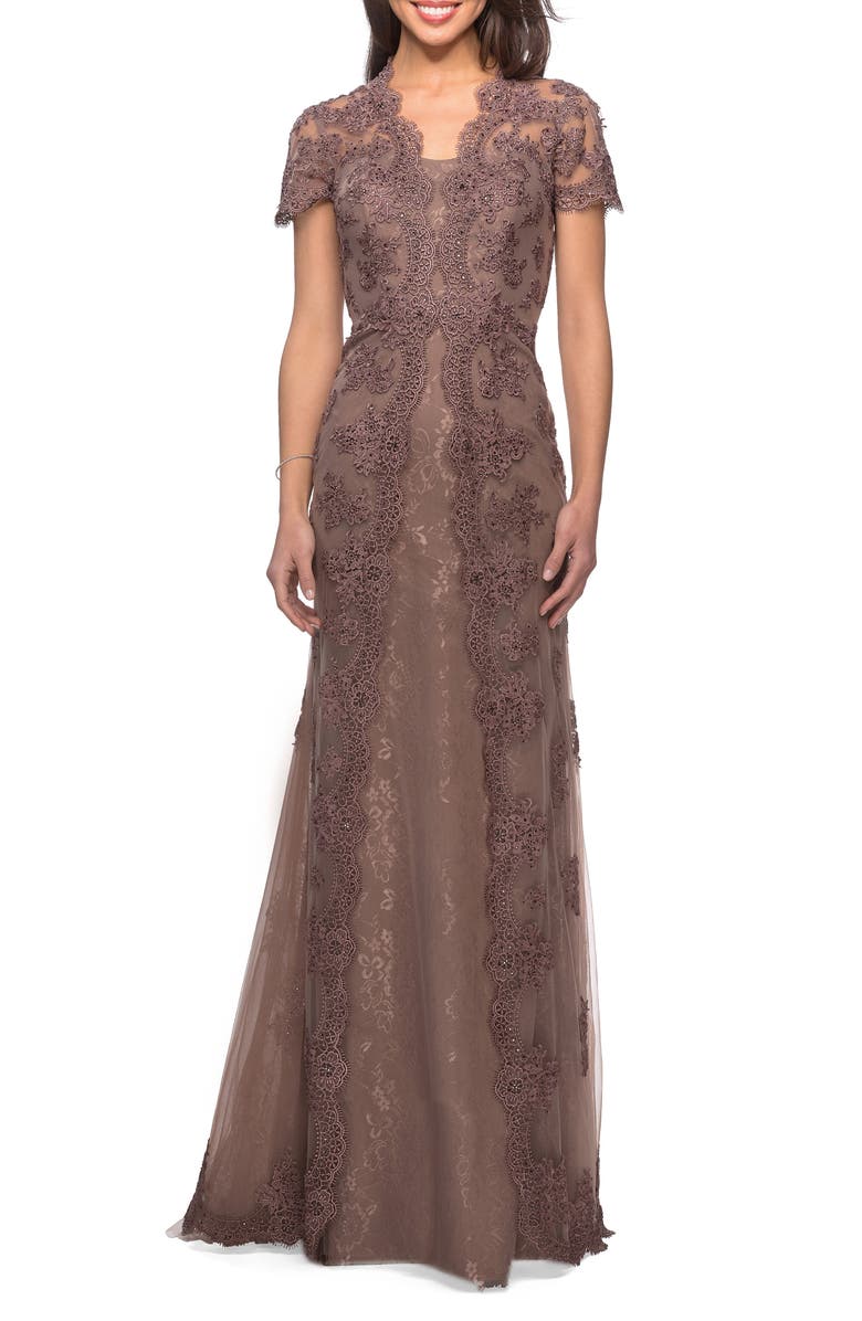 La Femme Beaded Lace A-Line Gown, Main, color,