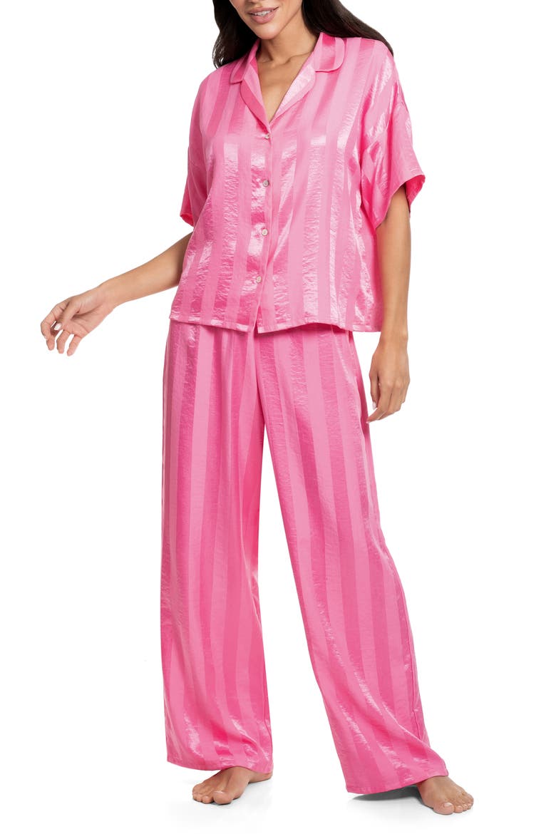 Stripe Jacquard Button-Up Top & Pants Pajamas, Main, color, PINK
