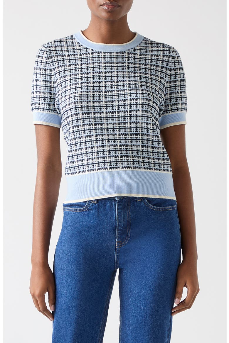 Honey Check Short Sleeve Cotton Sweater, Main, color, BLUE