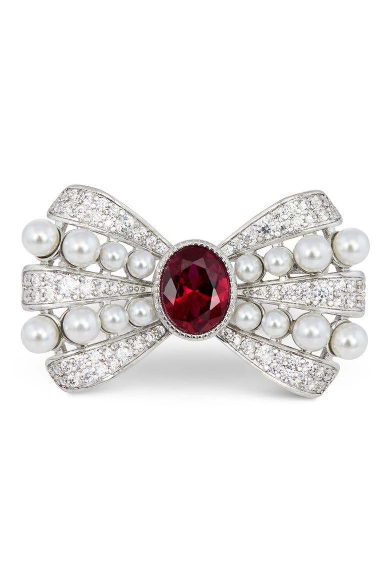 Pearl Bubbles Bowtie Brooch, Main, color, SILVER/ RED