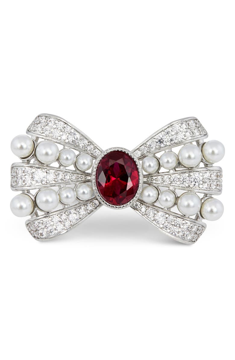 SAVVY CIE JEWELS Pearl Bubbles Bowtie Brooch, Main, color, Silver/ Red