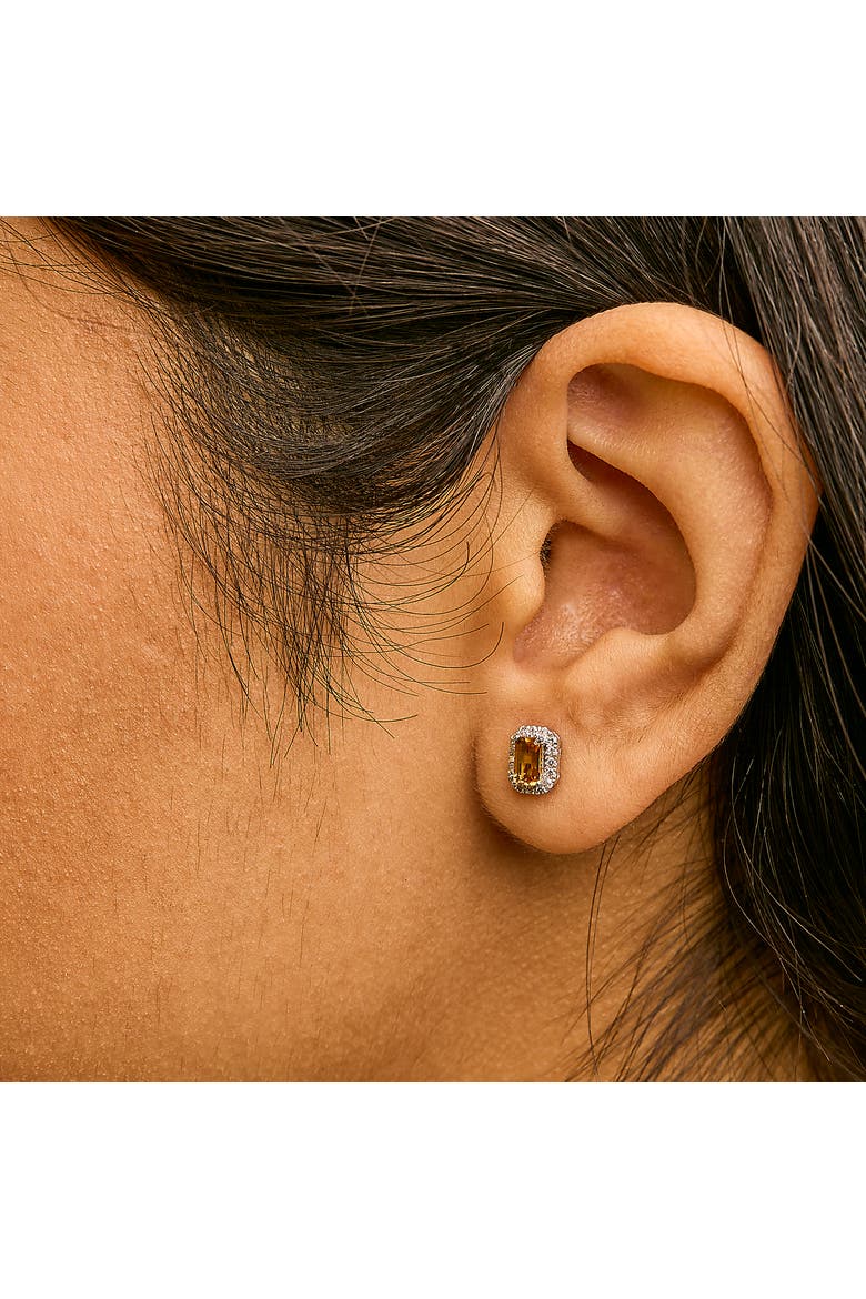 10K Gold 5x3mm Emerald-Cut Gemstone and 1/7 Cttw Diamond Halo Octagonal Stud Earrings, Alternate, color, Orange Citrine | White