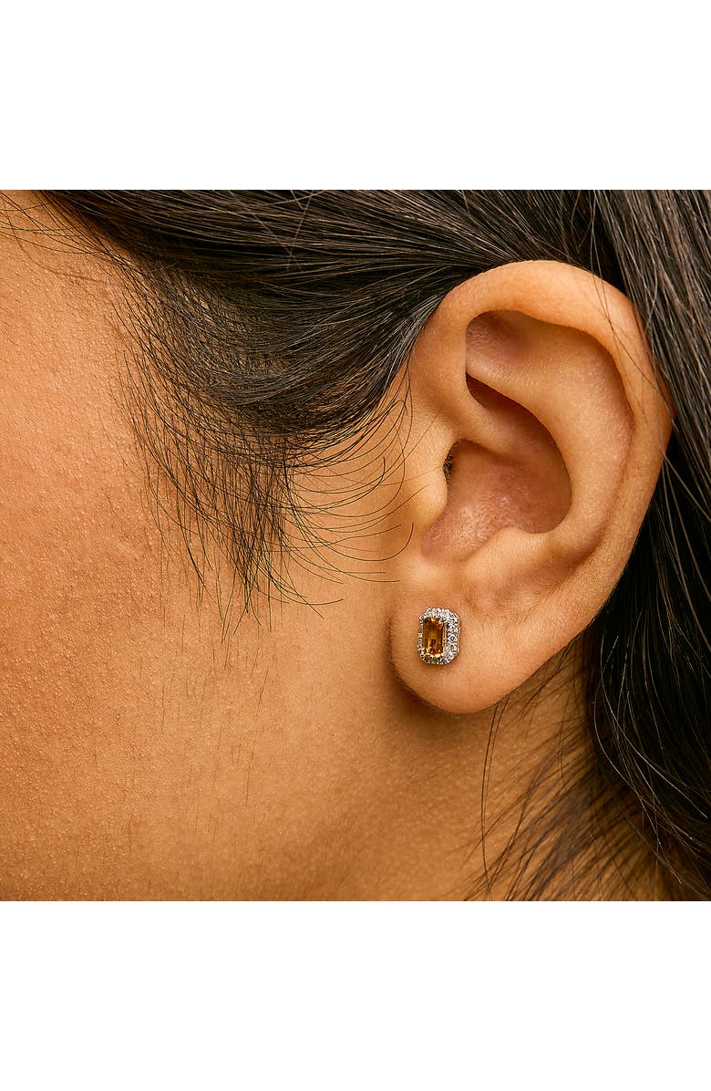 Haus of Brilliance 10K Gold 5x3mm Emerald-Cut Gemstone and 1/7 Cttw Diamond Halo Octagonal Stud Earrings, Alternate, color, Orange Citrine | White