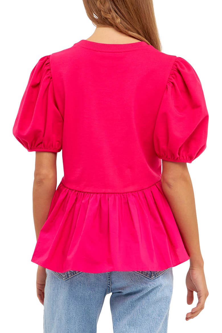 Mix Media Puff Sleeve Peplum Top, Alternate, color, FUCHSIA