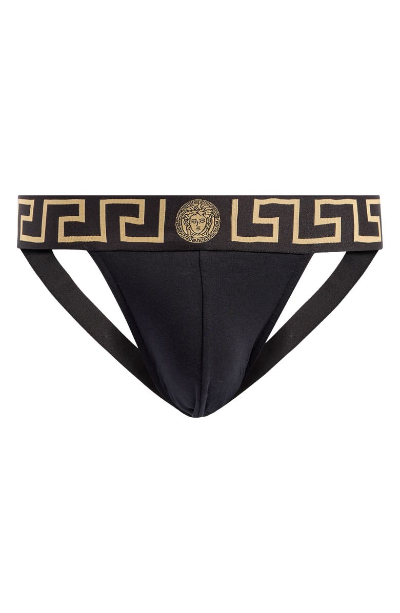 Versace Stretch Cotton Jock Strap, Main, color, Black Gold Greek Key