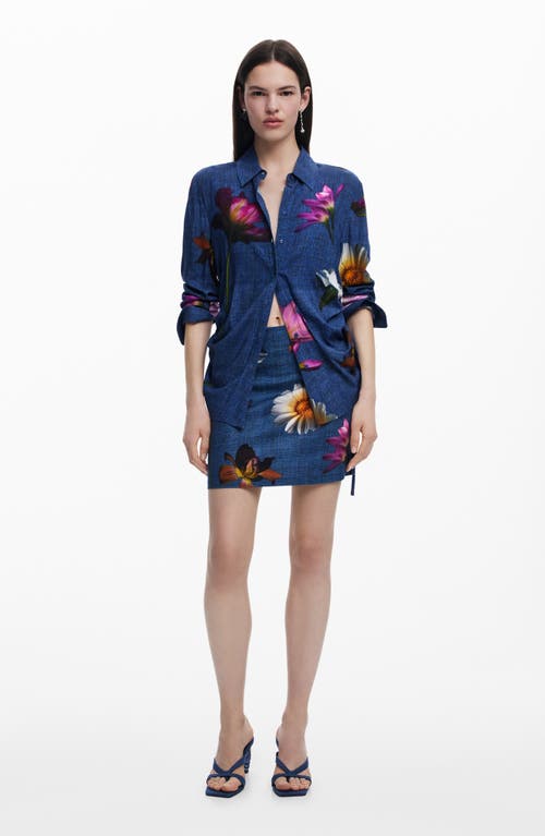 Desigual Floral Ruched Side Denim Button-up Shirt In Blue