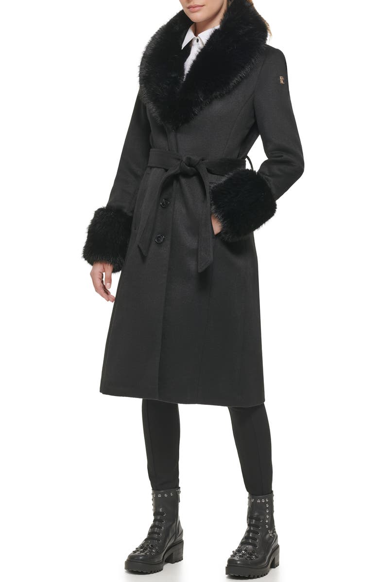 KARL LAGERFELD PARIS Longline Wool Blend Coat with Faux Fur Trim, Alternate, color, 