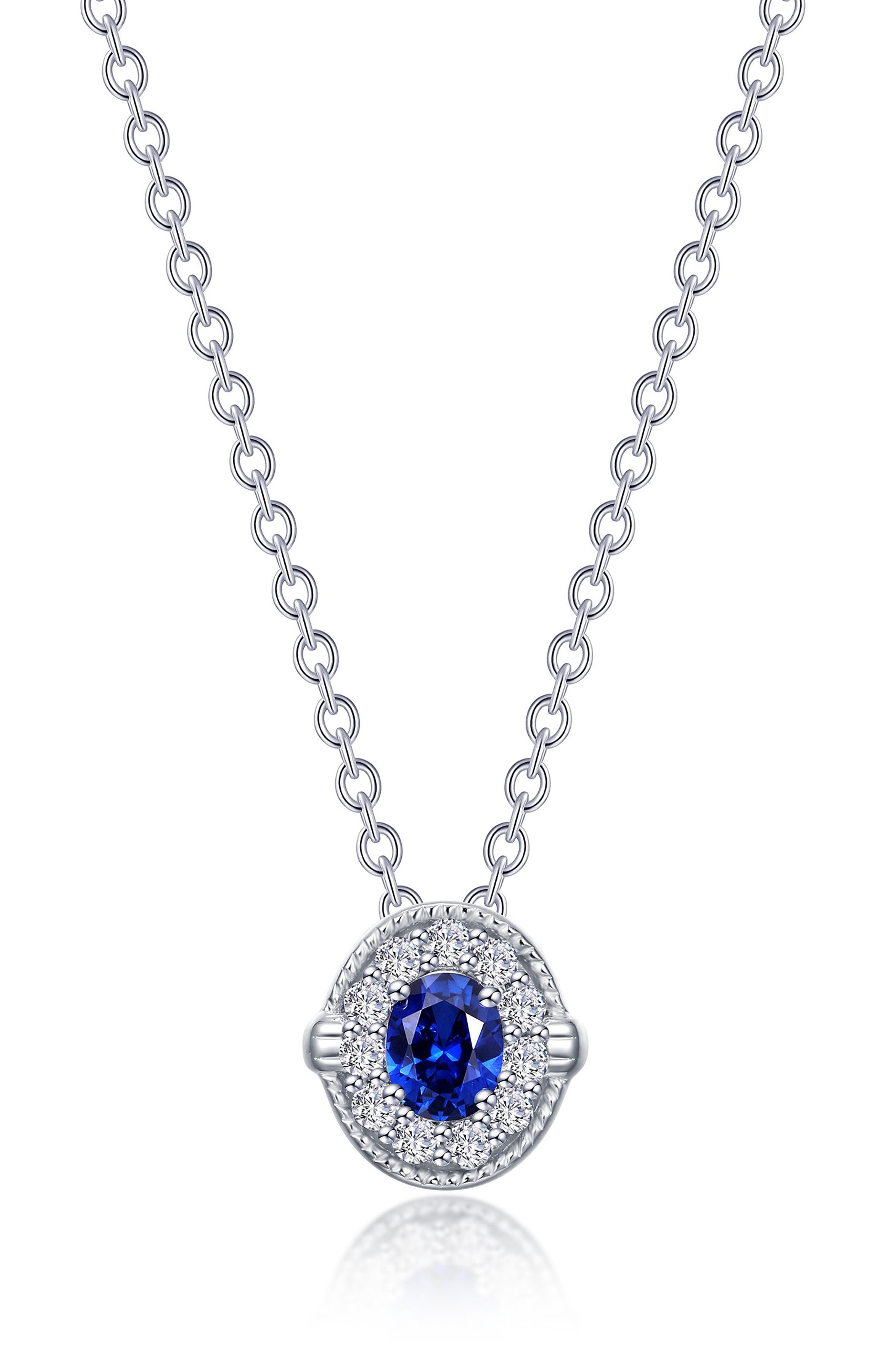 Oval Lab Grown Sapphire & Simulated Diamond Halo Pendant Necklace