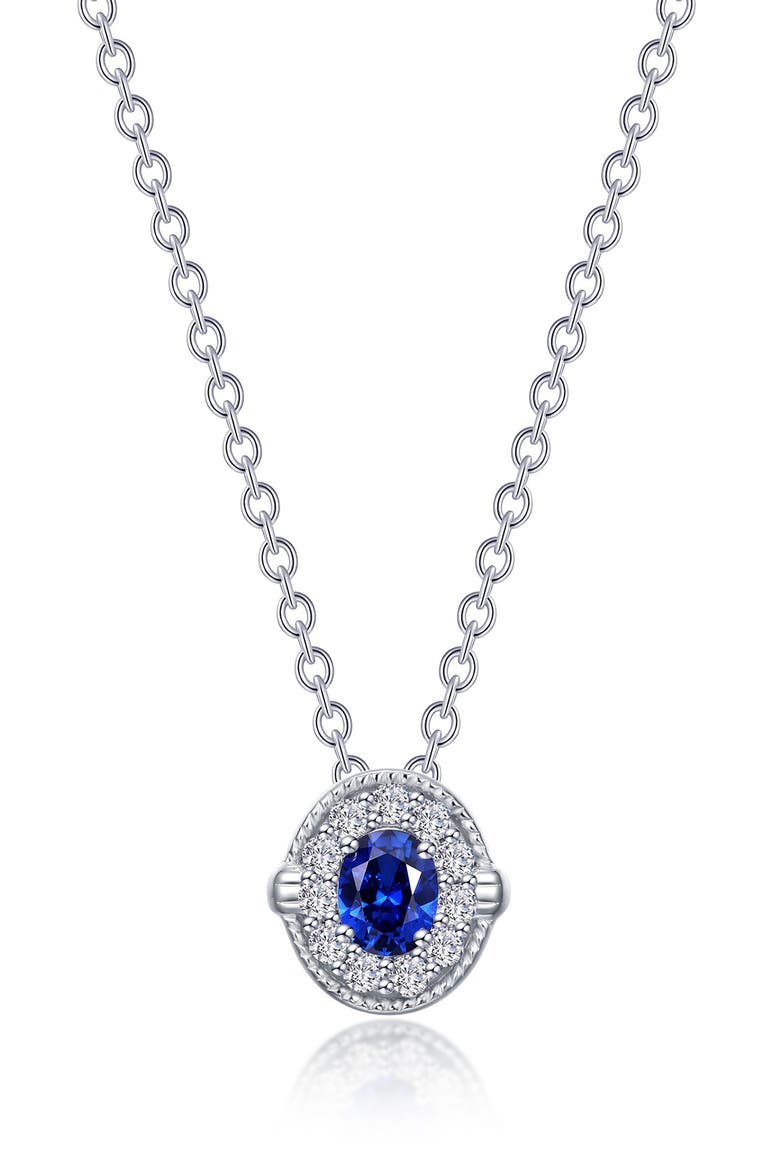 Oval Lab Grown Sapphire & Simulated Diamond Halo Pendant Necklace, Main, color, SAPPHIRE/ WHITE