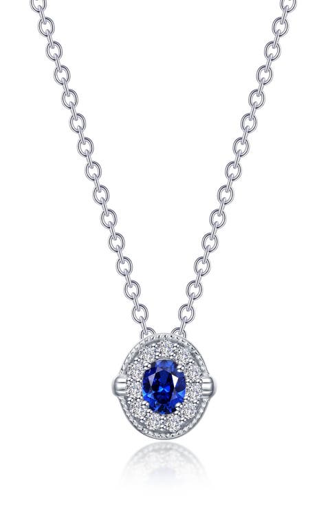 Oval Lab Grown Sapphire & Simulated Diamond Halo Pendant Necklace