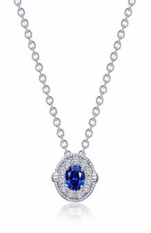 Oval Lab Grown Sapphire & Simulated Diamond Halo Pendant Necklace