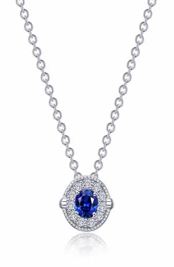 Oval Lab Grown Sapphire & Simulated Diamond Halo Pendant Necklace