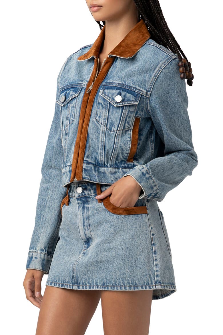 Faux Suede Trim Denim Trucker Jacket, Alternate, color, RODEO DRIVE