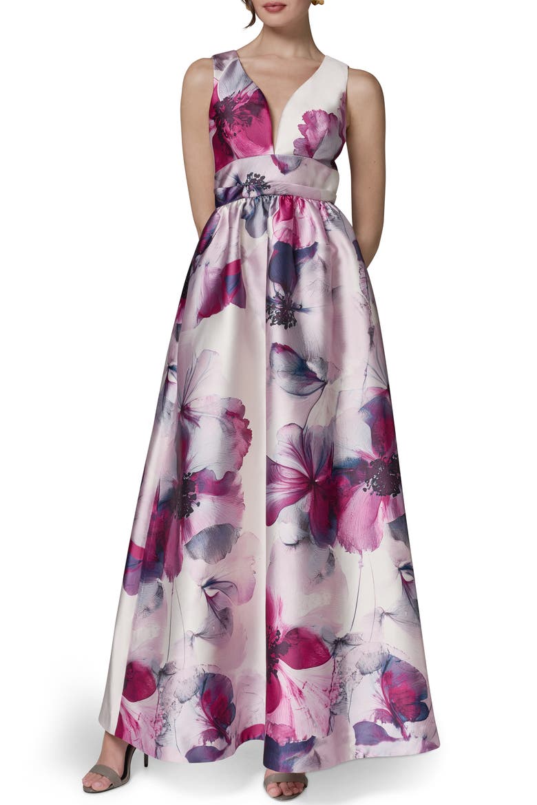 V-Neck Print Ballgown, Main, color, SANGRIA MULTI