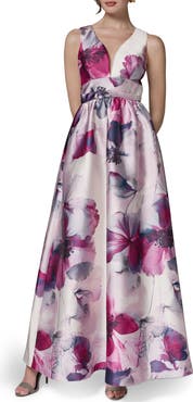 Donna Karan New York V-Neck Print Ballgown