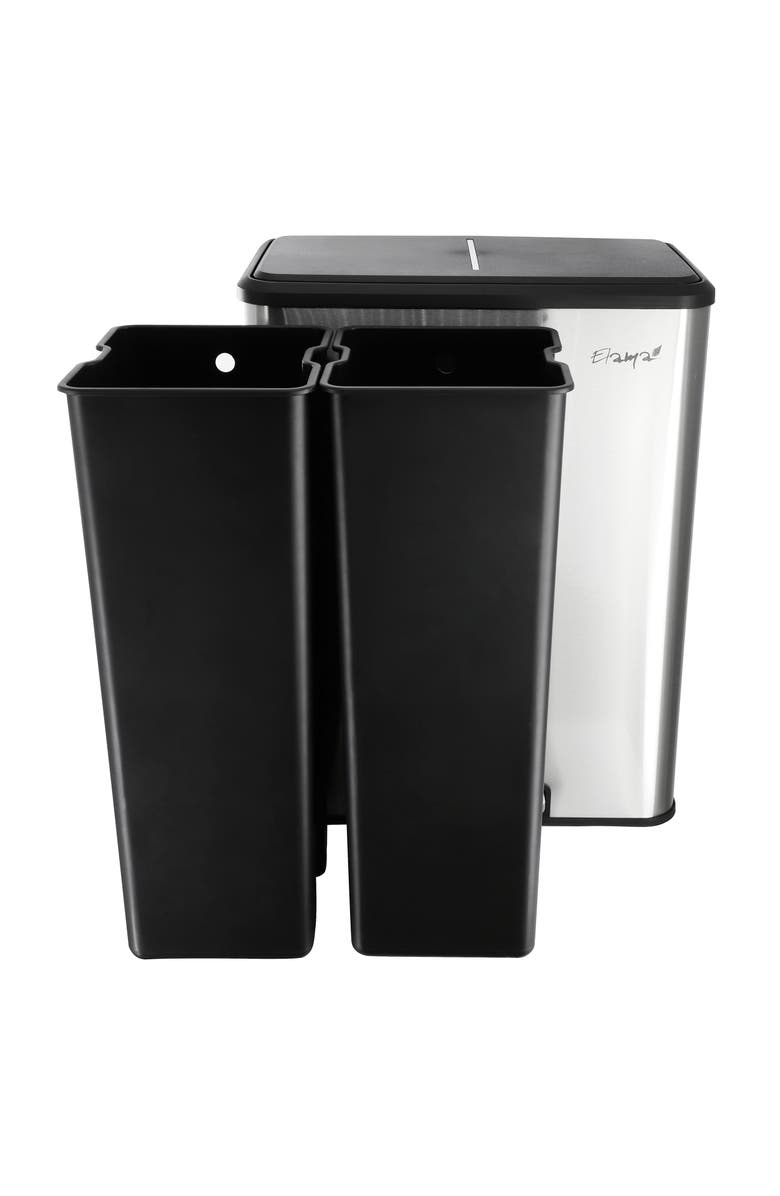 Elama 60 Liter 2 Compartment Large 8 Gallon Split Stainless Steel Step Trash Bin with Slow Close Mechanism, Alternate, color, Silver