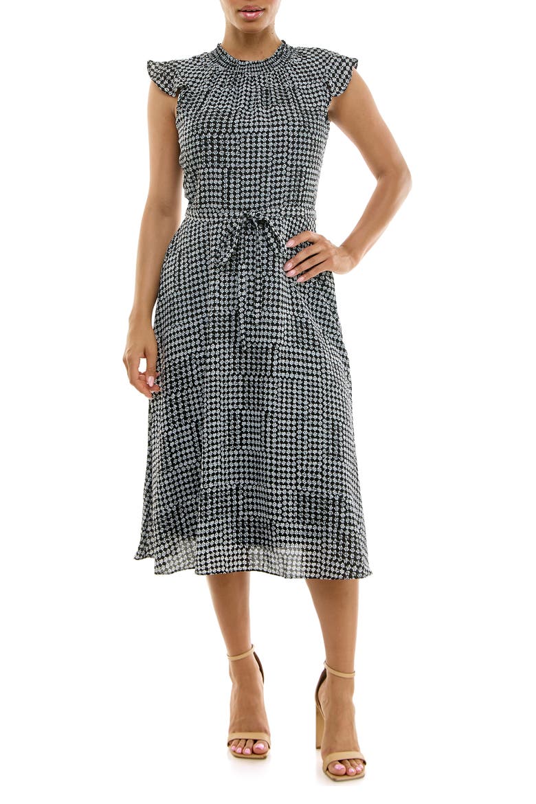 Smock Chiffon Midi Dress, Main, color, BLACK/WHITE LAYOUT