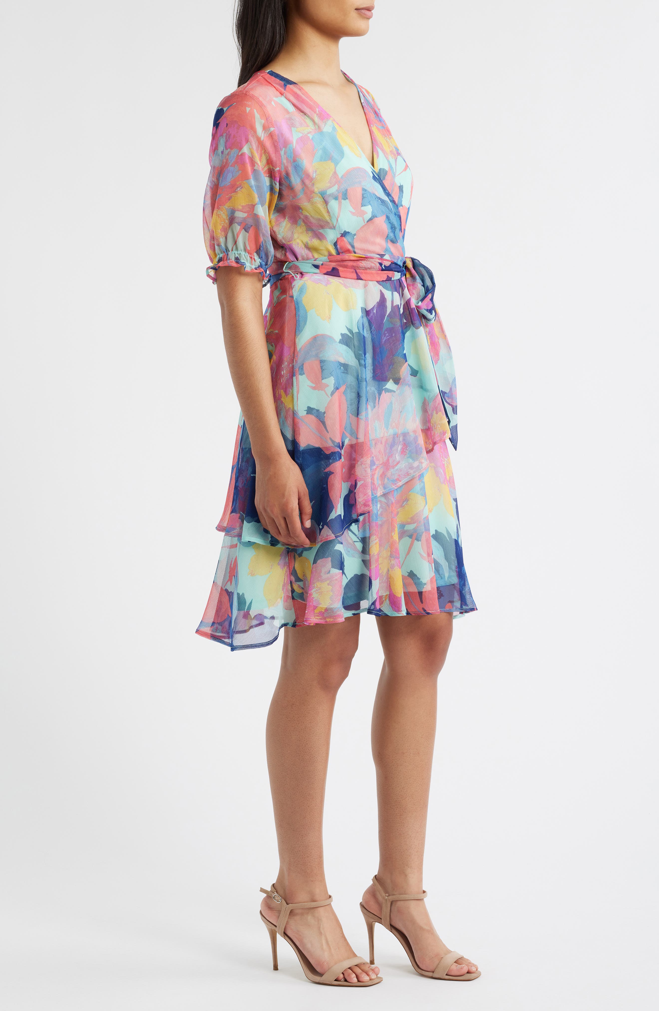 Floral Shadow Stripe Short Sleeve Faux Wrap Dress (Women) | Nordstrom