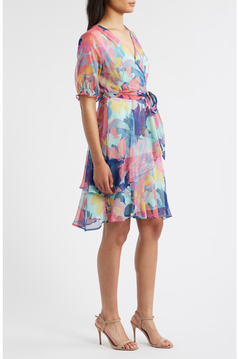 Floral Shadow Stripe Short Sleeve Faux Wrap Dress, Alternate, color, SEAFOAM MULTI