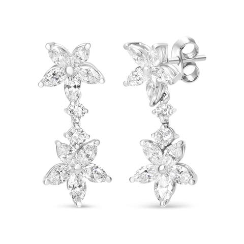 18k White Gold 6 Ctw Marquise Diamond Floral Dangle Drop Earring