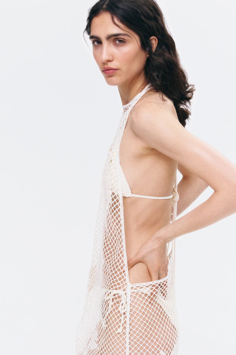 Beaded Crochet-look Halterneck Dress, Alternate, color, Cream