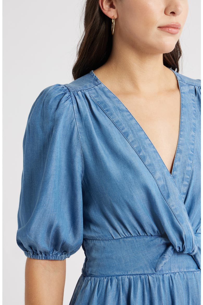 Twist Front Puff Sleeve Chambray Midi Dress, Alternate, color, MEDIUM WASH