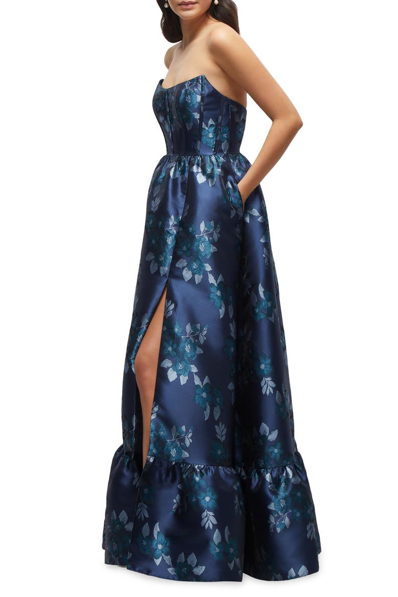 Damask Strapless Gown, Alternate, color, MIDNIGHT NAVY DAMASK