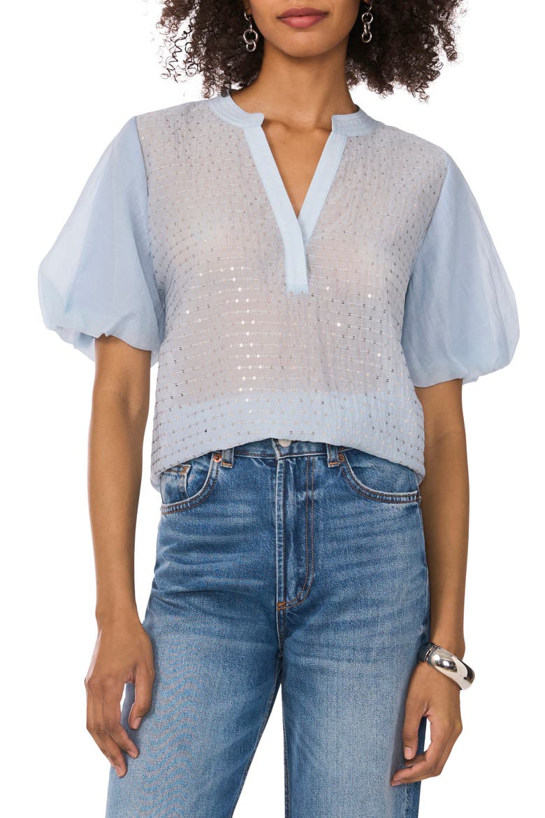 Sequin Stripe Puff Sleeve Top, Main, color, LAKE BREEZE