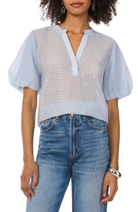 Sequin Stripe Puff Sleeve Top